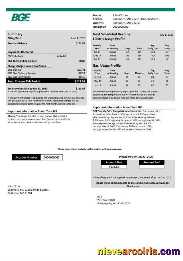 USA Maryland BGE gas and electric utility bill